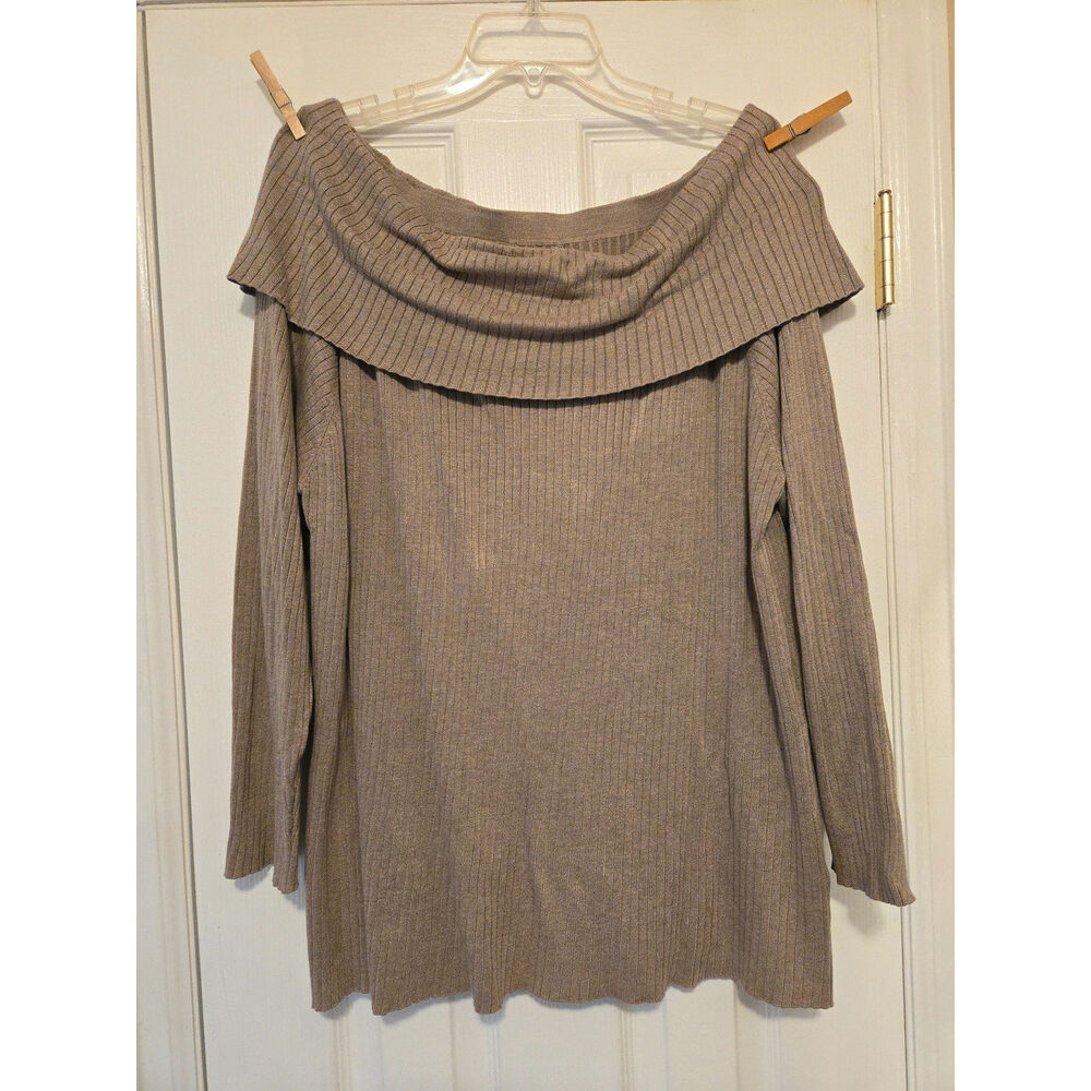 Sz 3X EVOLUTION BY CYRUS Taupe Rib-Knit Off-Shoulder Long-sleeve Tunic Sweater